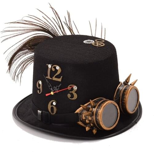 Women Black Steam Punk Hats Unisex Man/Woman Goggles Feather Gear Clock Halloween Party Top Hat