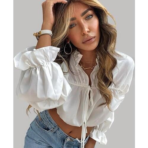 Women Sexy Flounce Crop Blouses Tie up Ruffle Neck Long Lantern Sleeve Solid White Crop Tops Holiday Femle Boho Casual Chic Tops