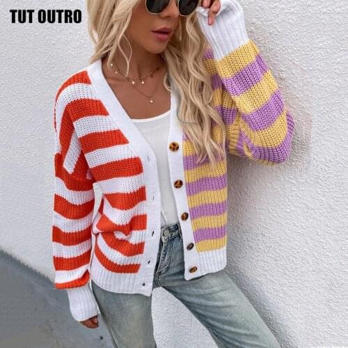 V-Neck Long Sleeve Patchwork Stripe Knitted Cardigan Women Fashion Single Breasted 2021 Autumn Winter Y2k Casual Loose Sweater