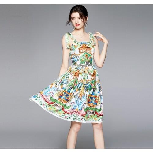 Vintage Elegant Fashion Sweet Floral Print Dress Summer Women Spaghetti Straps Bohemian Sundress