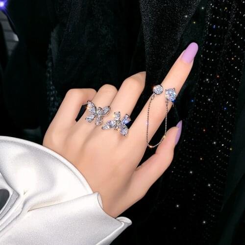 2020 Korean New Design Fashion Jewelry Shiny Butterfly Zircon Flower Open Ring Female Prom Party Ring