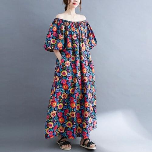 Slash neck Lantern Sleeve Off Shoulder Gentle Lady Chic Summer Dress Cotton Print Floral Vintage Work Dress Women Casual Dress