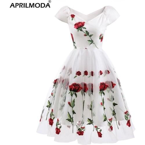2020 Rose Flower Embroidery Women Party Dress V Neck Elegant Pleated Mesh Floral Printed White Midi Tunic Vintage Formal Jurken