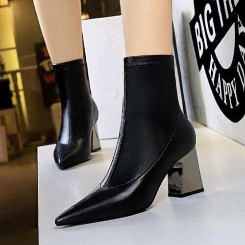 Autumn Fashion Female Ankle Boots Thick Heel Pointed Toe Ladies Office Shoes Sexy High Heels Women Sock Boots Black Soft Leather