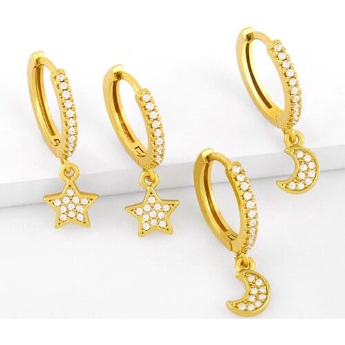 FLOLA Cubic Zirconia Star And Moon Dangle Earrings For Women Small Stone Drop Earrings Huggie Jewelry Accessories Gifts ersw73