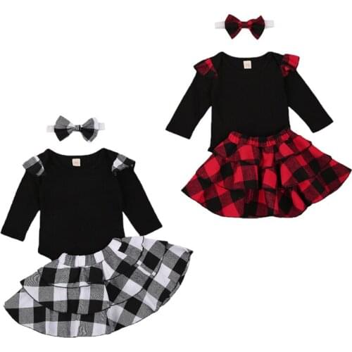 FOCUSNORM Christmas Baby Girl’s Clothes Sets 3pcs Ruffles Long Sleeve Solid Romper Tops+Plaid Bib Strap Dress Headband