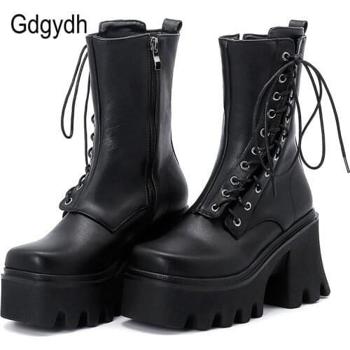 Gdgydh High Quality Women Boots With Zipper Side Lace Up Fashion Model Shoes For Girls 90s Rubber Sole Mid Calf Platform Boots