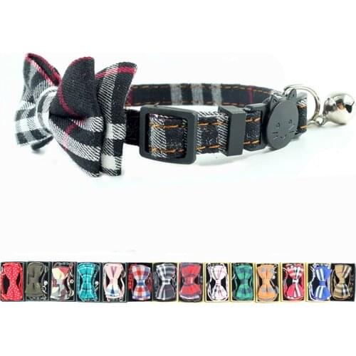 XPangle Black Plaid Cat Collar with Bow Tie Bell Breakaway Safety Collars for Cats Puppies Kitten Kitty Accessories 17-28cm