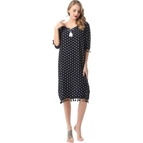 Simple Style Women Casual Cotton Nightgown Ladies Lingerie Womens Sleepwear Polka Dot Tassels Nightdress Basic Nightdress