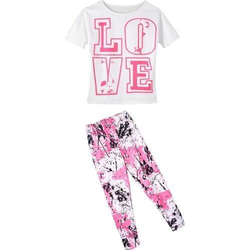 2021 New Summer Letters Children Clothes Baby Girls Suit Cotton T-shirt+Graffiti Pants Leggings Kids Teenage Casual Clothing
