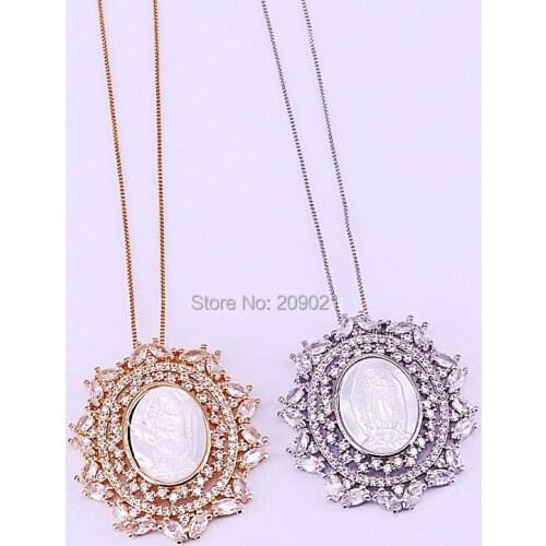 5Pcs Oval shape Micro Pave Cubic Zirconia Natural White Shell Carved Virgin Mary Pendant Necklace Womens Fashion Jewelry