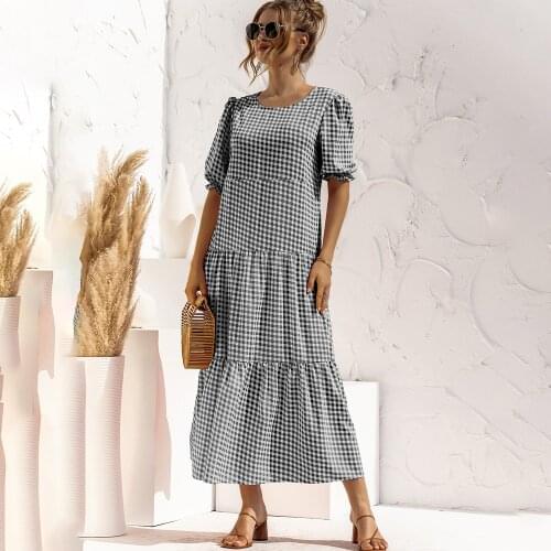 Womens Summer Long Dress Casual Plaid Print Loose Maxi Dress Elegant Short Sleeve Patchwork Robe Woman Holiday Party Dress 2021