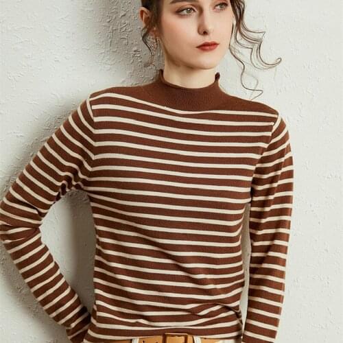 Striped Knitting Pullover Sweater Womens Autumn Winter New Korean Style Loose Half-High Round Neck Thin Section All-Match Base
