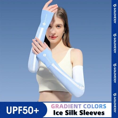 Gradient Colors Stripe Arm Sleeves Woman Ice Silk Sunscreen Summer Outdoor Anti-UV Set Finger Sunshade Sports Elastic Sleeves