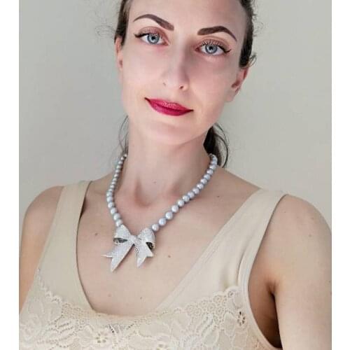 Hand knotted natural 8-9mm nearl round fresh water gray pearl temperament micro inlay zircon bowknot necklace fashion jewelry