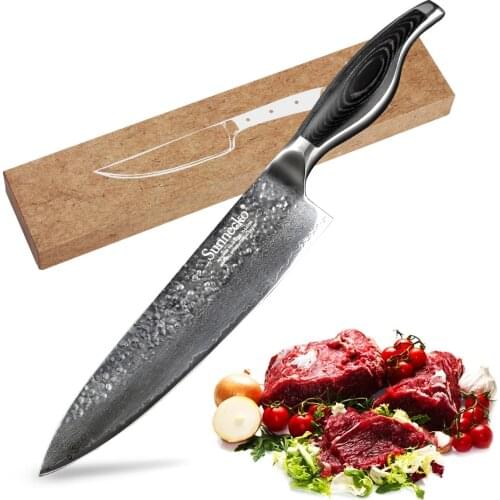 SUNNECKO 8" inch Chef Knife Japanese Damascus Steel Blade Kitchen Knives Razor Sharp Blade 60HRC Pakka Wood Handle Cutter Tools