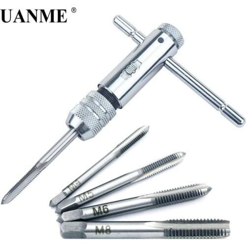 UANME 5Pcs/set T-Handle Ratchet Tap Wrench Machinist Tool Screw Thread Plug Tap Machinist Tool M3-M8