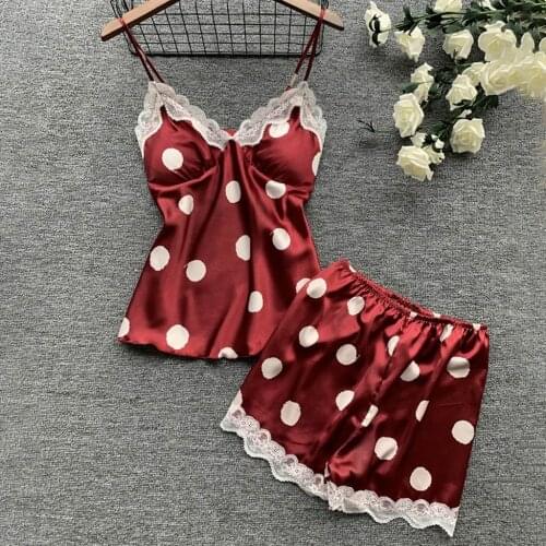 Women Silk Pajamas Sexy Satin Underwear Lace Camisole Shorts Set Polka Dot Lingerie Sleepwear Summer Clothing pijama hombre g4