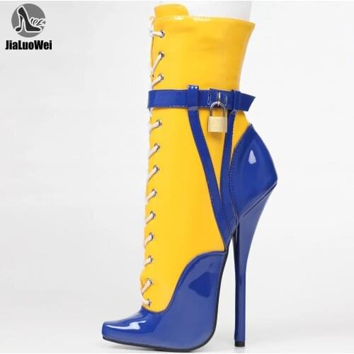 Women Ankle Boots 18CM High Heel Pointed toe Mixed Colors Lockable Straps Cross-tied Sexy Fetish Boots
