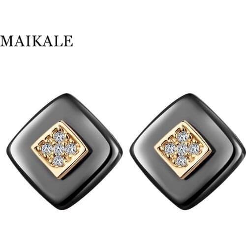 MAIKALE Classic Square Black White Ceramic Stud Earrings for Women Gold Zirconia Small Earring Fashion Jewelry Girls Gift