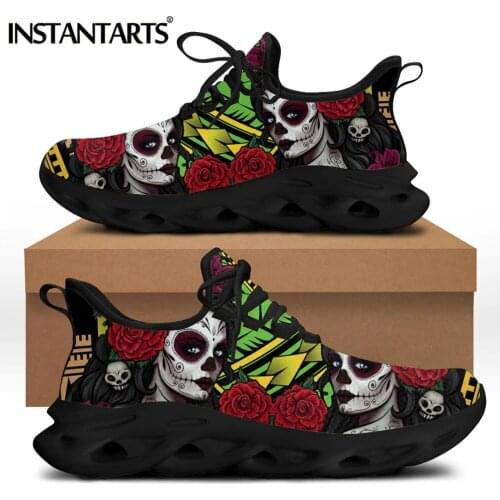 INSTANTARTS Polynesian Tribal Skull Day of the Dead Pattern Women Mesh Swing Sneakers Casual Lace up Flat Shoes Breathable 2021