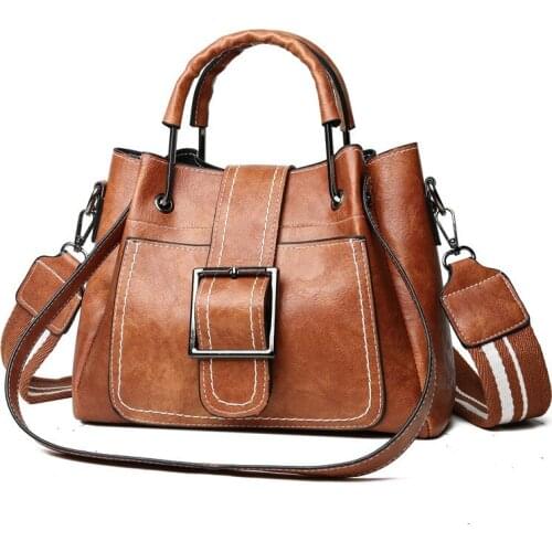 Vintage Pu Leather Handbags Wide Belt Shoulder Bags for Women 2019 Fashion Messenger Bag Luxury Designer Ladies Tote Bags BB16