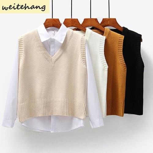 Women Sweater Vest Spring Autumn Women Short Loose Knitted Sweater Sleeveless Ladies V-Neck Pullover Tops Female Outerwear 625