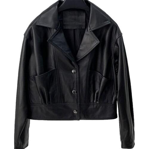 2021 Autumn New Leather Clothes Womens Short Pocket Wrinkled Leather Jacket Sheep Skin Locomotive Casual Coat