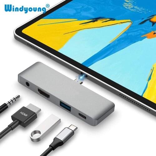 Aluminum Type-C Mobile Pro Hub Adapter for iPad with USB-C PD Charging 4K HDMI USB 3.0 3.5mm Headphone Jack for 2018 iPad Pro