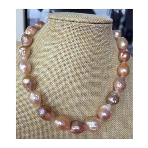 Free shipping noble jewelry huge 12-15mm south sea baroque gold pink multicolor pearl necklace