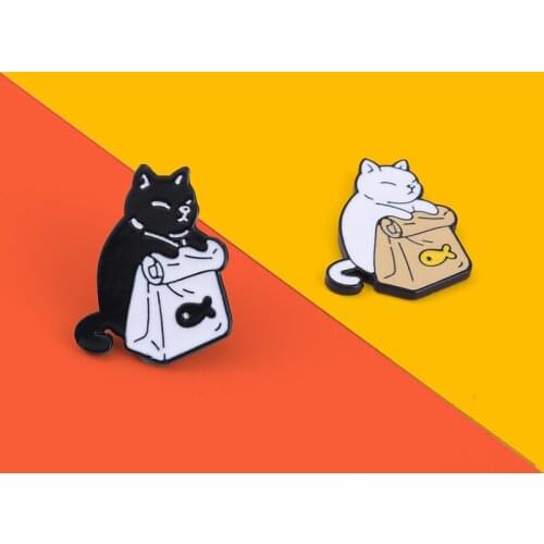 Black White Cat Fish Bale Enamel Pin Badges Brooches for Women Backpack Accessories Gifts for People Who Love Katties Wholesale