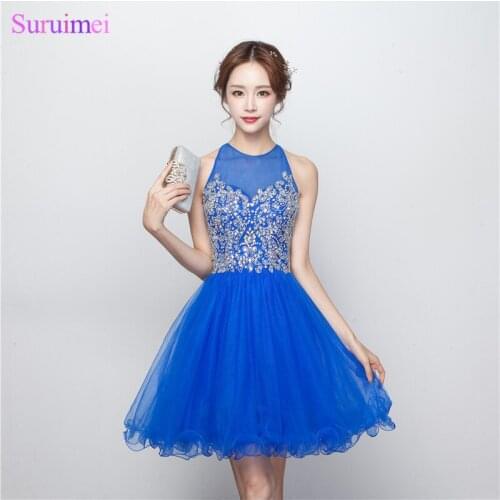Short Beaded Homecoming Dresses Knee Length High Quality Tulle Backless Key Hole Royal Blue Girls Party Gown