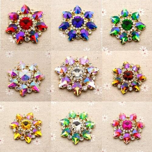 Colorful Flower shape rhinestone applique with gold base Sew On Rhinestone With Claw Setting for Wedding Dance Dress Decoration