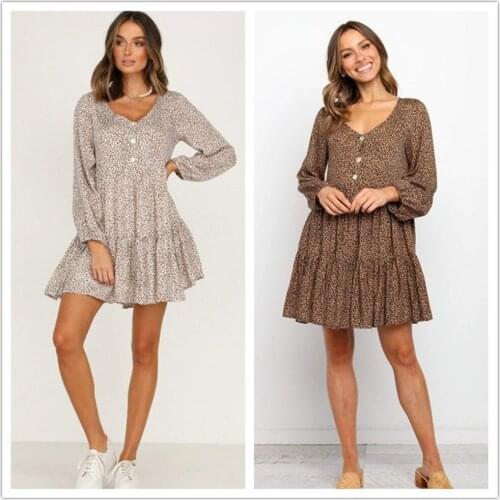 Summer New Womens Dresses Long Sleeves Buttoned Leopard Print Long Sleeve Loose Dress A Line Beach Gowns Girls Casual Dress