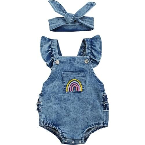 Summer Baby Girls Outfit Infant Summer Creative Rainbow Embroidery Fly Sleeve Lace Decoration Denim Romper + Headwear Set