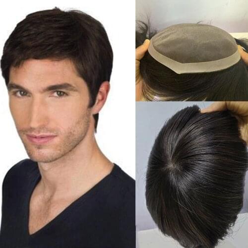 Mens Wig Fine Mono Transparent PU Men Toupee Mens Hair Pieces Unit Hair Replacement System Natural Black Color 8x10inch