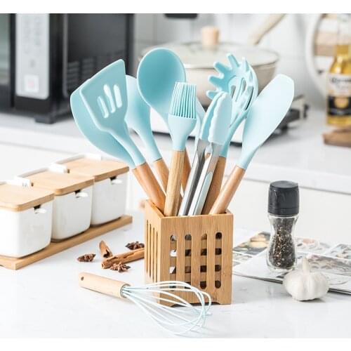 12PCS Silicone Cooking Utensils Set Non-stick Spatula Shovel Wooden Handle Cooking Tools Set With Storage Box Kitchen Tools Set