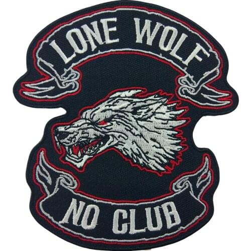 Lone Wolf No Club Embroidery Iron on Patches DIY for Clothing Motorcycle Biker Punk Jackets Vests Appliques Garment Accessories