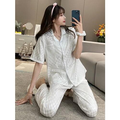 New Ice Silk Pajamas Summer Sleepwear Short Sleeve Trousers Pajama Womens Nightwear White Plaid Pajama Women Simple Two-piece