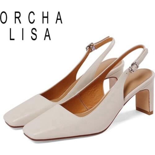 ORCHA LISA 2021 Concise Pumps Leather Square Toe Ankle Strap Slingbacks Shallow 6.5cm Chunky Heel Shoes US8 9 Beige Brown A4280