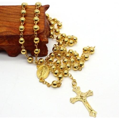Religious Christian Gold Silver Color Copper Rosary Beads Necklace Jesus Cross Pendant Necklace Long Chain Neck Jewelry Gift