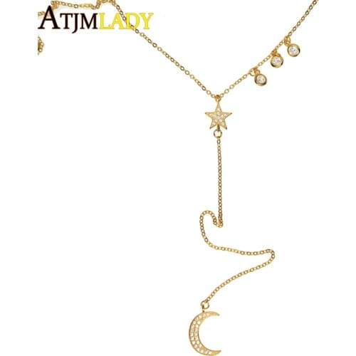 Sparking bling cz charm drop micro pave moon star pendant gold filled 925 sterling silver dainty lariat Y long necklace