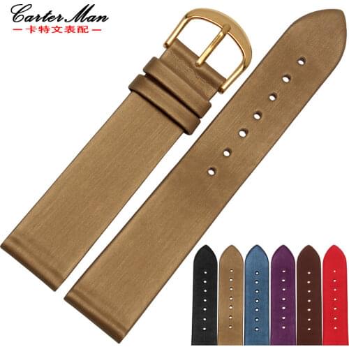 17mm 19mm watchbands Smooth Grain spun silk soft Genuine Leather Watchbands Straps with stainless steel buckle