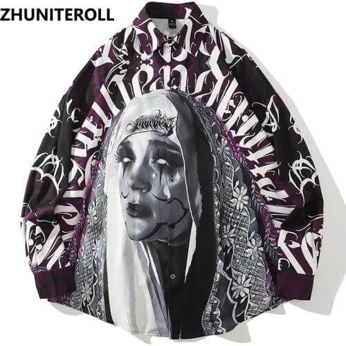 Vintage Tears Nun Print Shirts 2021 Punk Rock Shirt Hip Hop Blouse Harajuku Long Sleeve Fashion Button Autumn Streetwear Tops