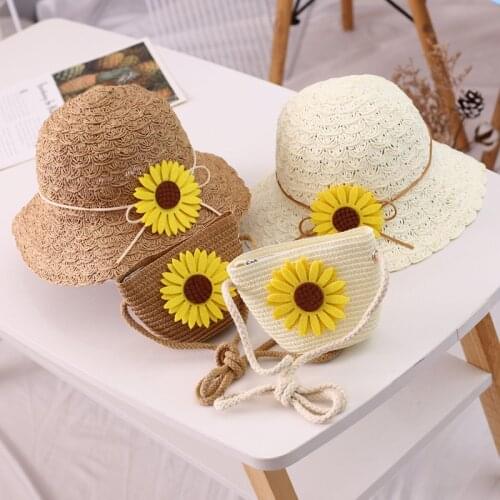 New Children Summer Sun Hat Girl Cute Princess Straw Bucket Hat Kids Beach Bonnet Baby Sunflower Shoudler Bag Photography Props
