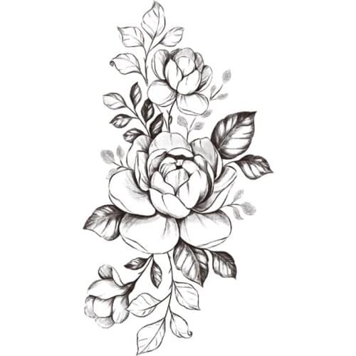 Temporary Tattoo Stickers Black Sketch Flowers Rose Branches Leaves Fake Tattoos Waterproof Tatoos Arm Large Size for Women Girl