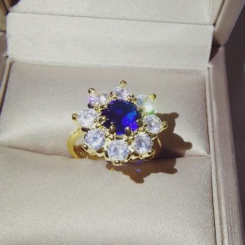 High quality Dark Blue Zircon Crystal Gold Filled Engagement Flower Fashion Jewelry Ring Drop shipping