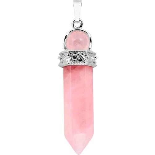 SUNYIK Pink Quartz Hexagonal Pointed Stone Pendant Reiki Energy Healing Crystal Jewelry
