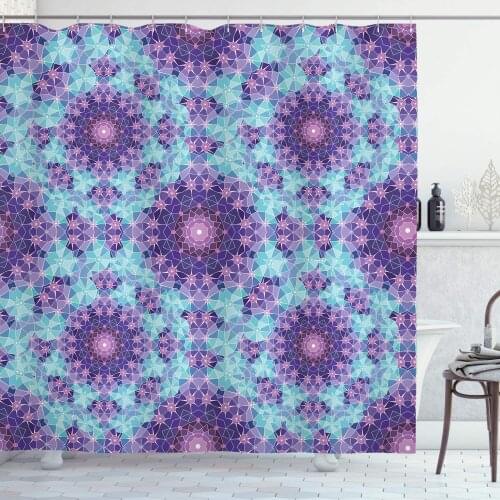 Purple Mandala Shower Curtain Geometric Mosaic Fractal Sign of Universe Graphic Art Bathroom Decor Set with Hooks 70" Long Mauve