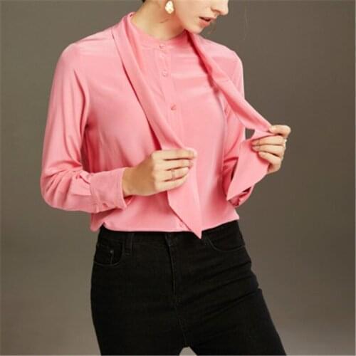 Pure Silk Shirt 100% Mulberry Silk Women Long-Sleeve Stand Collar Lace Blouse M L XL FREE SHIPPING
